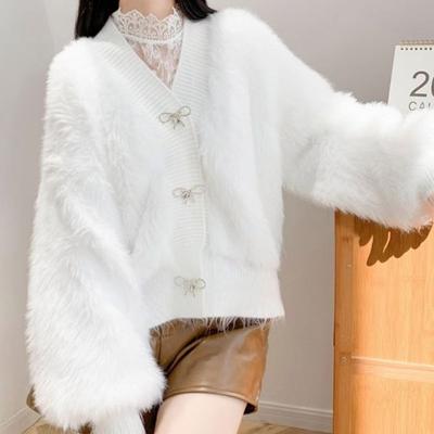 Kurze Lange Haar Nachahmung Nerz Fleece Solide Pullover Frauen 2023 Herbst/Winter Feste Koreanische Lose Süße Strickjacke Weibliche