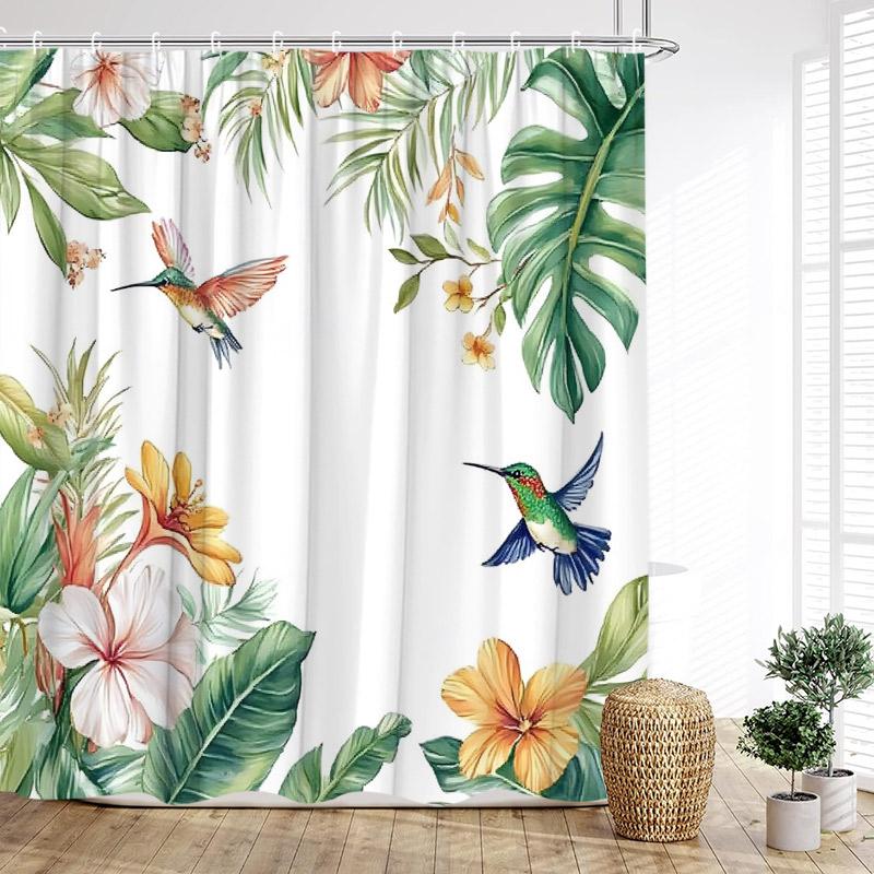 Tropical Hummingbirds Shower Curtains Green Gold Palm Monstera Leaves Flowers Bath Curtain Polyester Fabric Home Bathroom Decor
