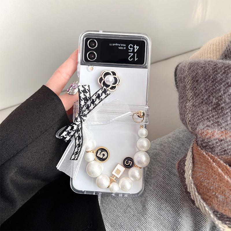 Transparent Ins Style Phone Case for Samsung Zflip6 Foldable Screen Flip W24flip Pearl Hand-held Chain Flower