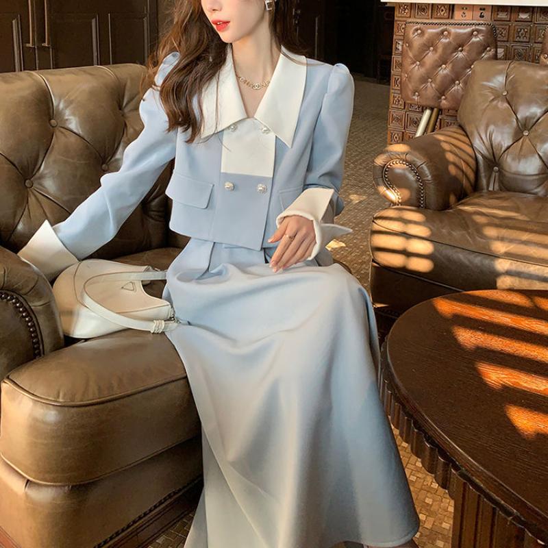 Elegant Women Spring Korean Fashion Blazer Suits Vintage Long Sleeve Blazers+Hight Waist Long Skirts 2 Pieces Sets Office Lady