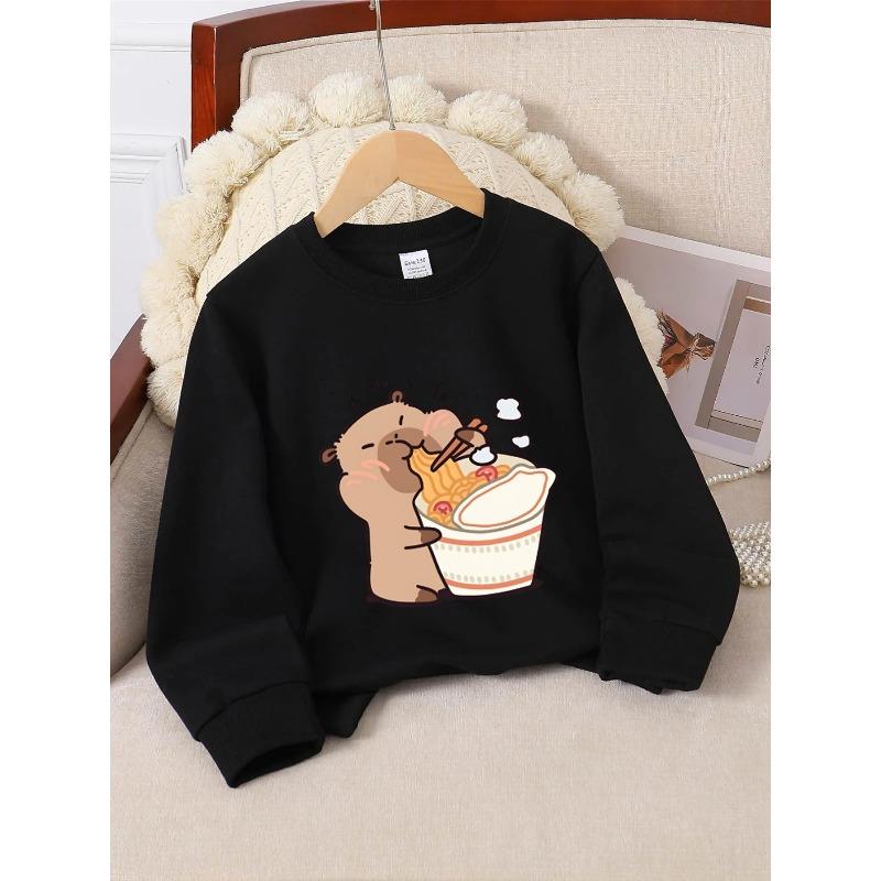 European sizes Crewneck Sweatshirt for Kids Featuring an Adorable Bear Enjoying Noodles with Chopsticks. Perfect for Sports And Casual Outings