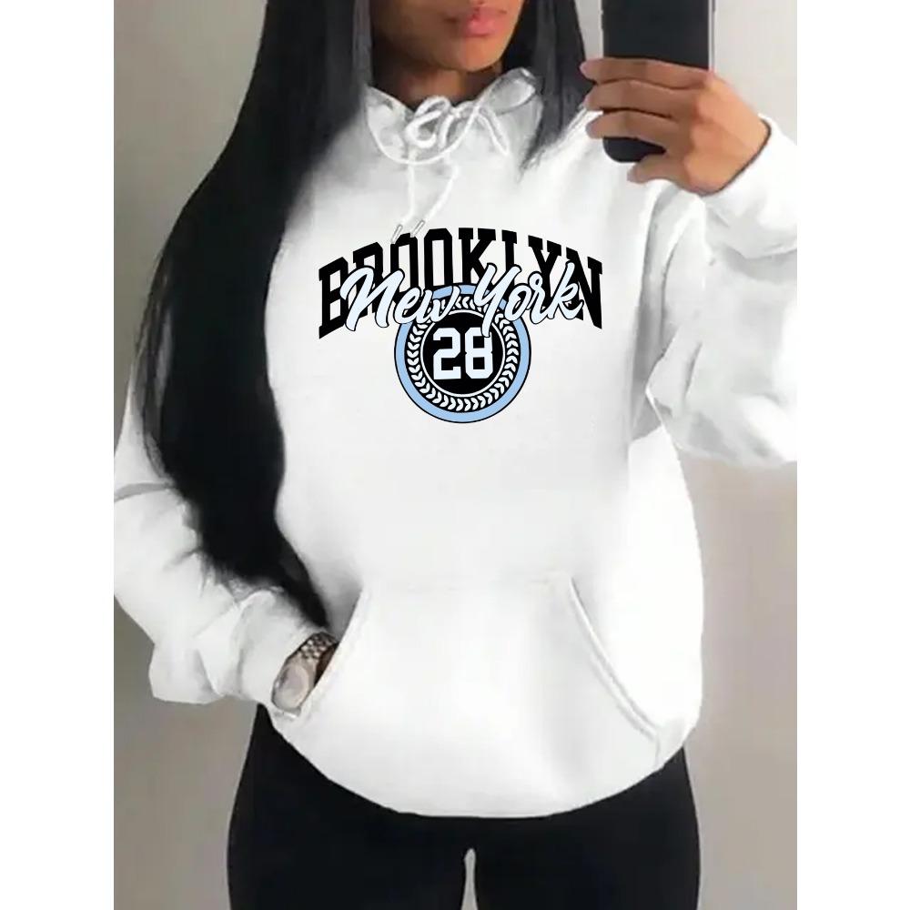Brooklyn New York Art Letter Number 28 Design Women Hoody Autumn Casual Loose Hoodie Fleece Pocket Streetwear