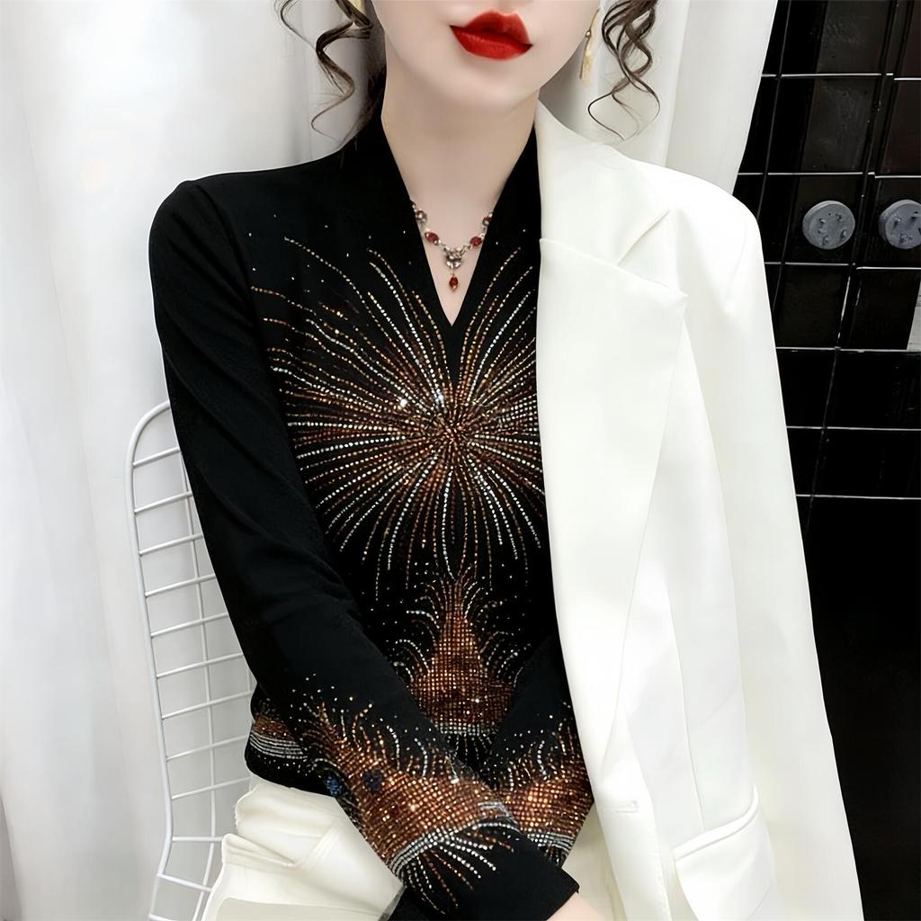 Stylish Rhinestone Thermal Fleece Base Layer Shirt for Women - Autumn/Winter Warm Top