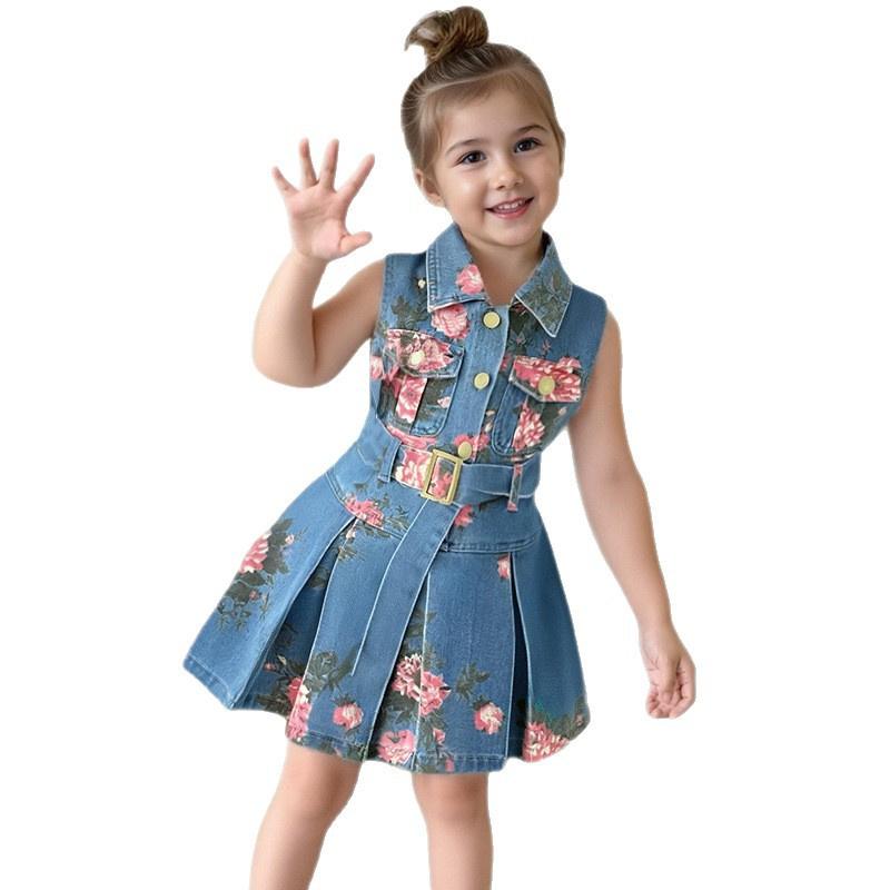 Girls' Sleeveless Denim Dress 2026 Summer Style Floral Print Denim Dress Slim Waist Turn-down Collar Thin Tank Dress Trendy