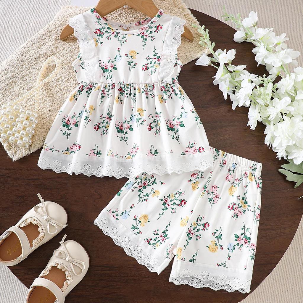Baby Girl Floral Lace Short Sleeve Outfit Set