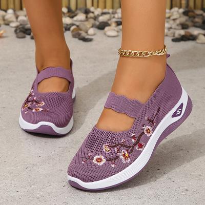 Flowers Embroidery Knitted Sneakers for Women 2024 Autumn Slip On Breathable Mesh Flats Shoes Woman Thick Sole Loafers Female 42