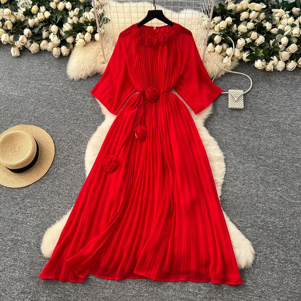 Spring Autumn Woman Dress New Flower Round Ne Seven-Quarter Sleeve Waist-Cinching Pleated Dresses for  Women Slimming Gown