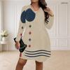 Women Plus Size V Neck Long Sleeve Printed Loose Fit Curved Hem Dress
