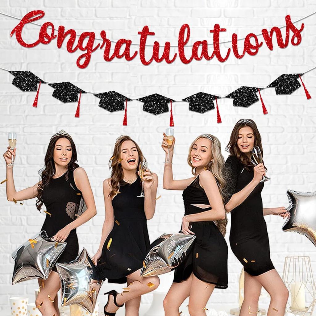 Congratulations Banner Graduation Decorations Class of 2026 Red Glitter Congrats Grad with Tassel Party Decor College High School Favors Black