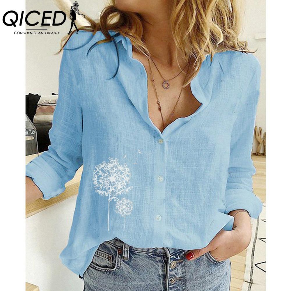 

QICED Women s Fashion Casual Dandelion Print Long Sleeve POLO Neck Blouses & Shirts XXXXXL синий