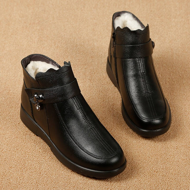 

[Натуральная кожа] Обувь для мам из хлопка, женские зимние бархатные теплые короткие ботинки на плоской подошве, кожаные ботинки с мягкой подошвой для женщин среднего и пожилого возраста, снег 35 чёрный