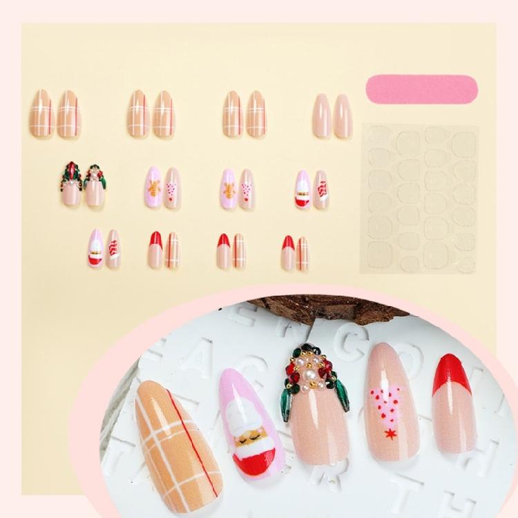 24x Almond Shape False Nail Christmas Full Cover Stick on Nail Santa Claus Press On Nail Manicures Supplies for Winter
