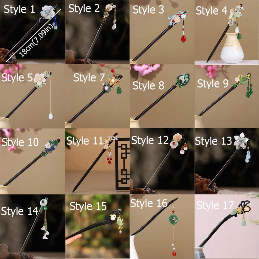 Elegant Ancient Style Chinese Hair Stick Wooden with Tassel Flower Hair Forks Handmade VIntage Hairpin for Hanfu Party
