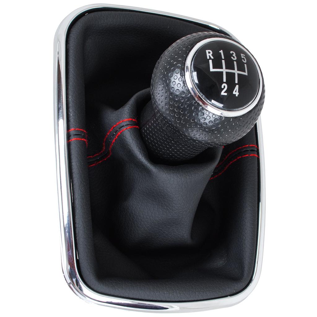 VW Golf IV 97-03 Gear Shift Knob With Boot, Red Stitch & Chrome Frame, 5-Speed, 12mm Hole