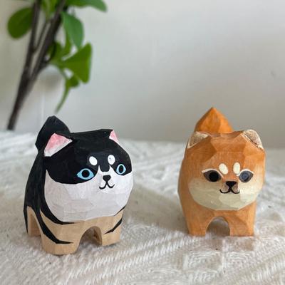 Yousheng Wooden Carved Dog Cat Figurine Handmade Woodcarving Art Small Animal Statue Sculpture Home Office Desktop Decoration Ornament