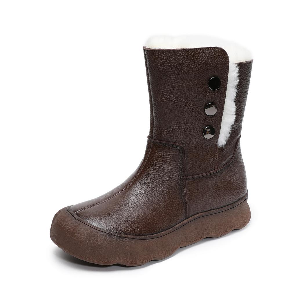 Johnature Genuine Leather Snow Boots Women's Shoes Plush Warm Versatile Soft Soled Mid-calf Boots