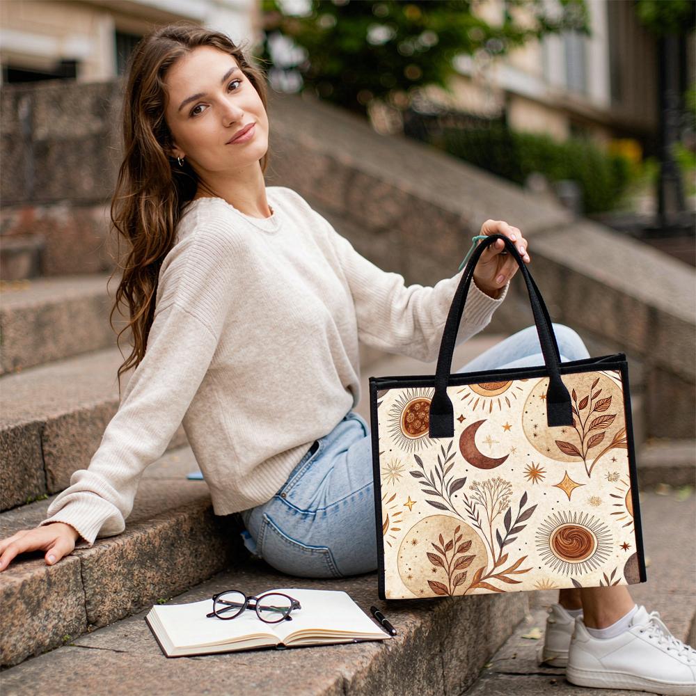 Boho Sun Moon Print Tote Bag for Casual Daily Use