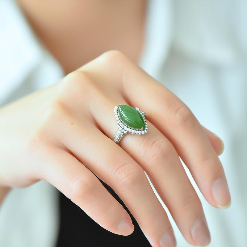 Xinjiang Hotan Jade S925 Silver Inlaid Spinach Green Jasper Ring