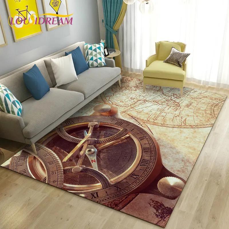 Alfombra retro con diseño de mapa del mundo vintage y brújula, para sala de estar, dormitorio, sofá, decoración, alfombra antideslizante para el suelo