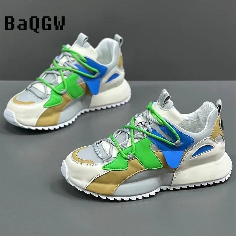 Fashion Color Block Designer Chunky Sneaker Men Cover Bottom Board Shoe Fashion Casual Leather Breathable Increased Platform Shoes