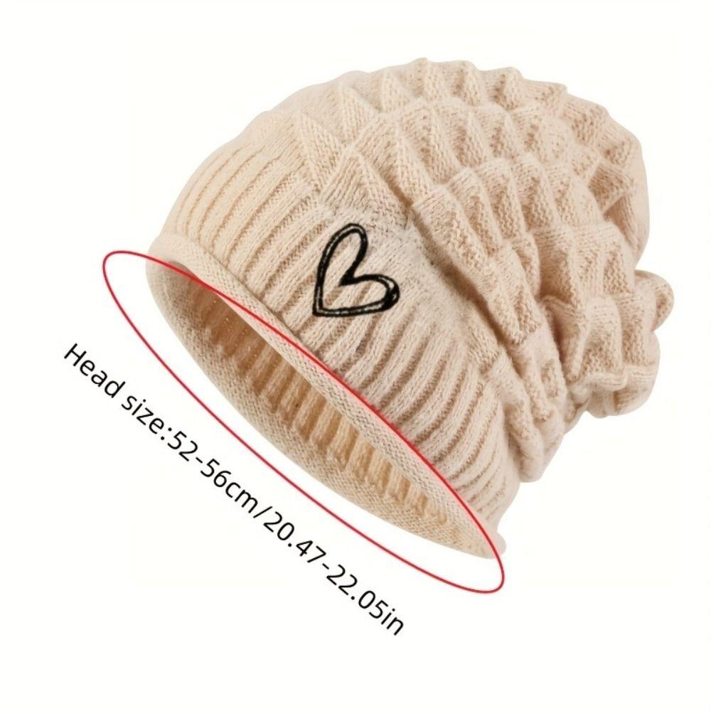 Embroidered Heart Cable Knit Beanie Foldover Cuff Cuffed Winter Hat for Women and Men