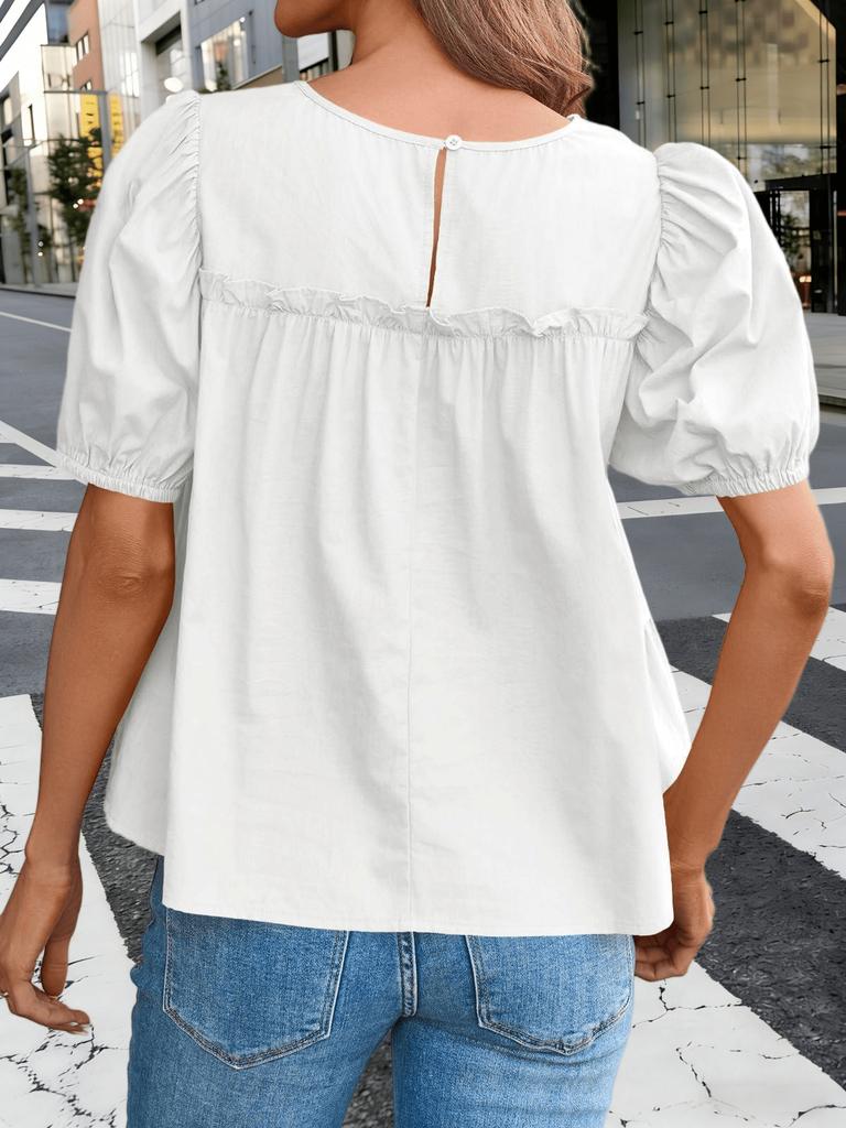 Blusa da Donna in Cotone Babydoll Manica a Sbuffo Smocked Peplo Top Svasato