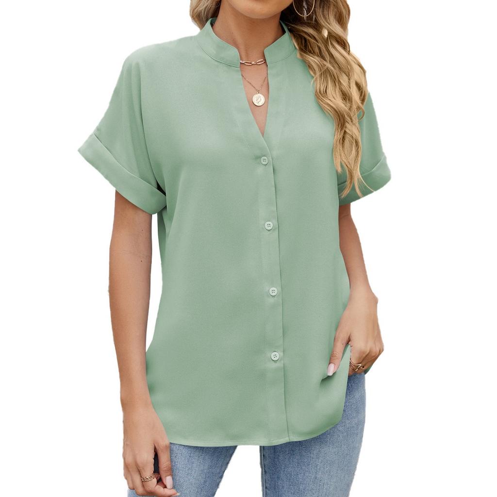 Spring Summer New Solid Color V-neck Loose Short Sleeve Button Down Chiffon Blouse for Leisure Europe America Leisure Trade