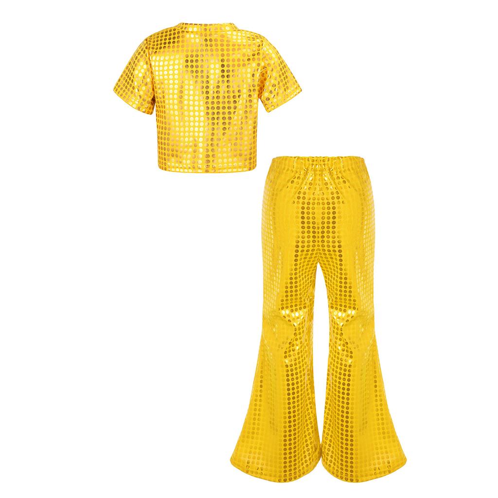 Dětské Dívčí Lesklé Flitry Párty Sety Kulatý Výstřih Crop Top s Elastickým Pasem Rozšířené Kalhoty pro Taneční Scénické Vystoupení