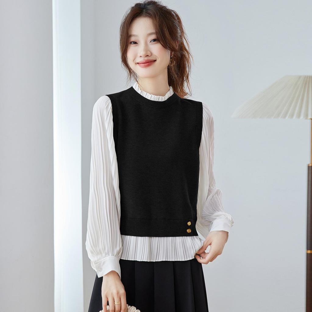 Top in Maglia Color Block con Collo a Volant Stile Coreano Autunno 2025 per Donna