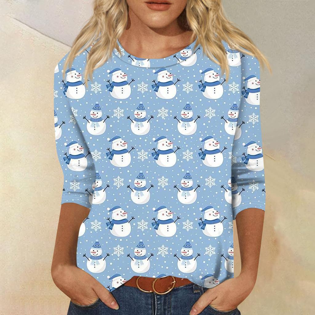 Women's Fashion Casual Round Neck 3/4 Sleeve Loose  Printed T-Shirt Ladies Top