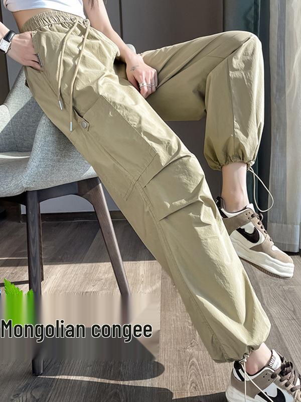 In-Stock Quick-Dry Wide Leg Cargo Pants for Women - High Waist, Cuffed, Two-Way Style, Spring/Summer Collection