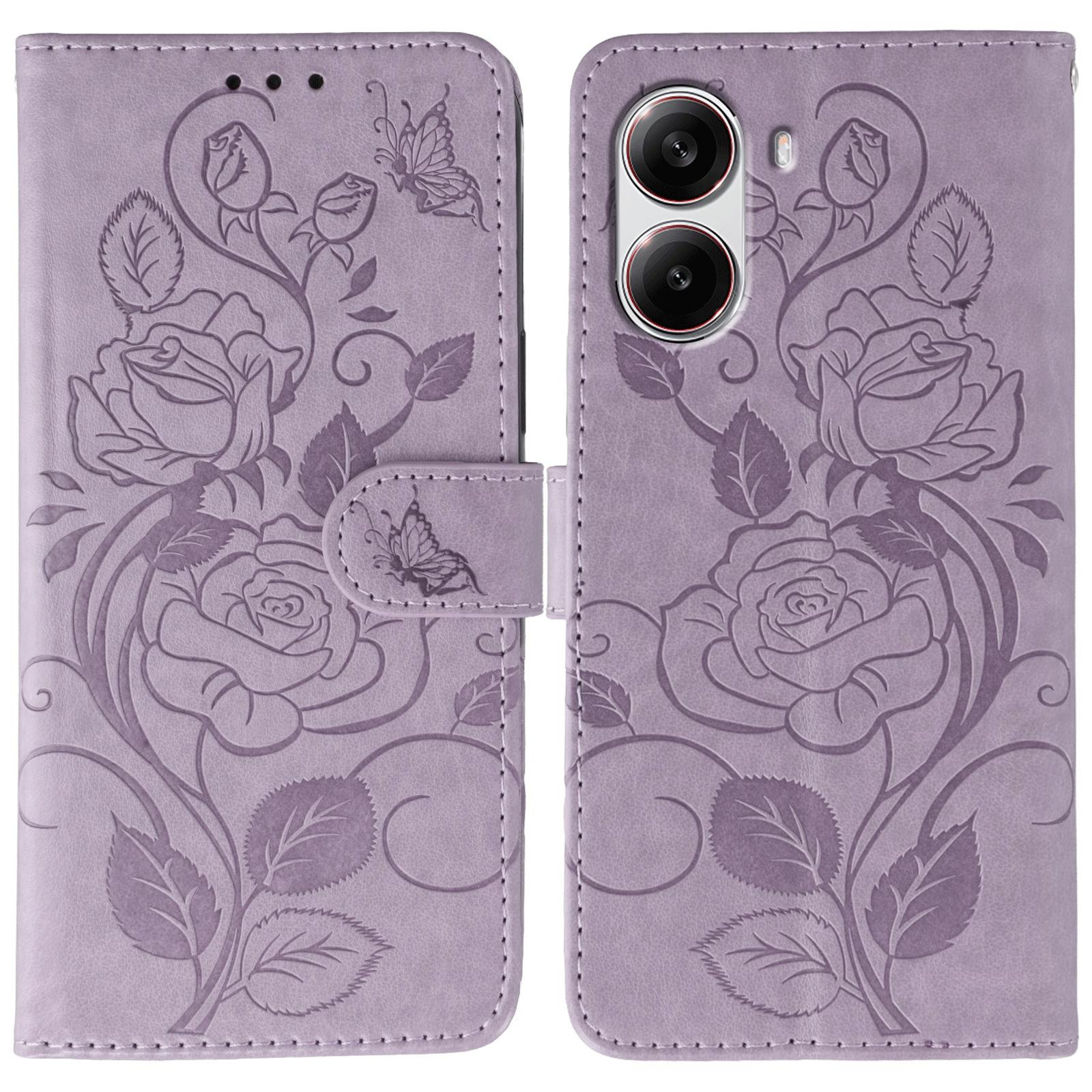 

For Xiaomi Poco X7 Pro 5G Case Wallet Stand Imprinted Rose Butterfly PU Leather Phone Cover Purple