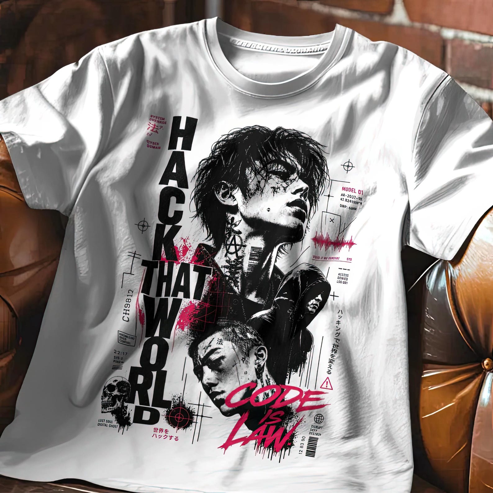 Dystopian streetwear shirt featuring dark hacker graphics and Japanese typography for tech rebels. 4XL