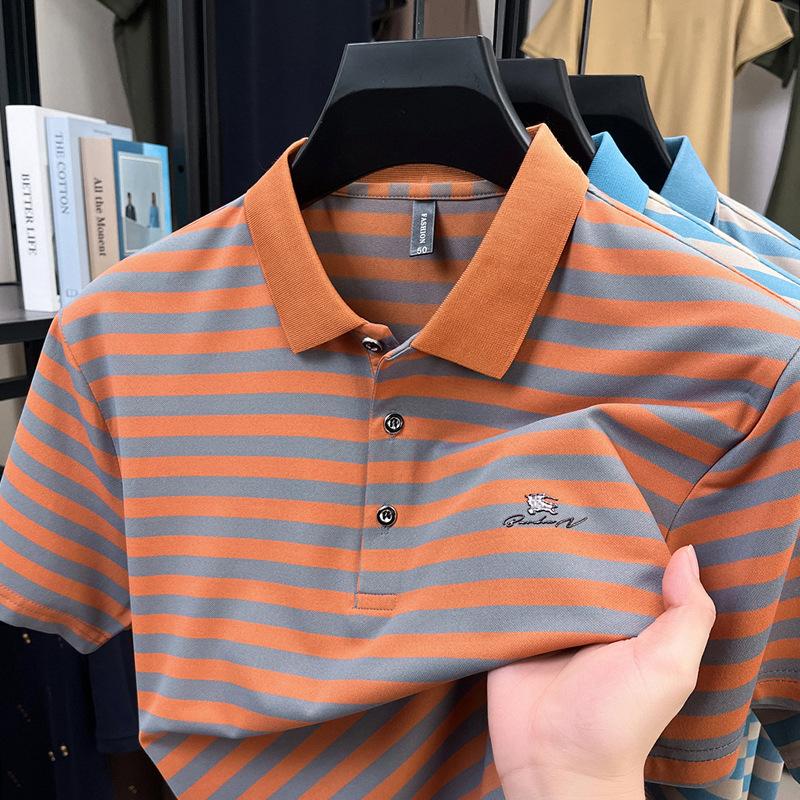 Ice Silk Men'S Short-Sleeved T-Shirt Lapel Striped Casual Father Polo Shirt