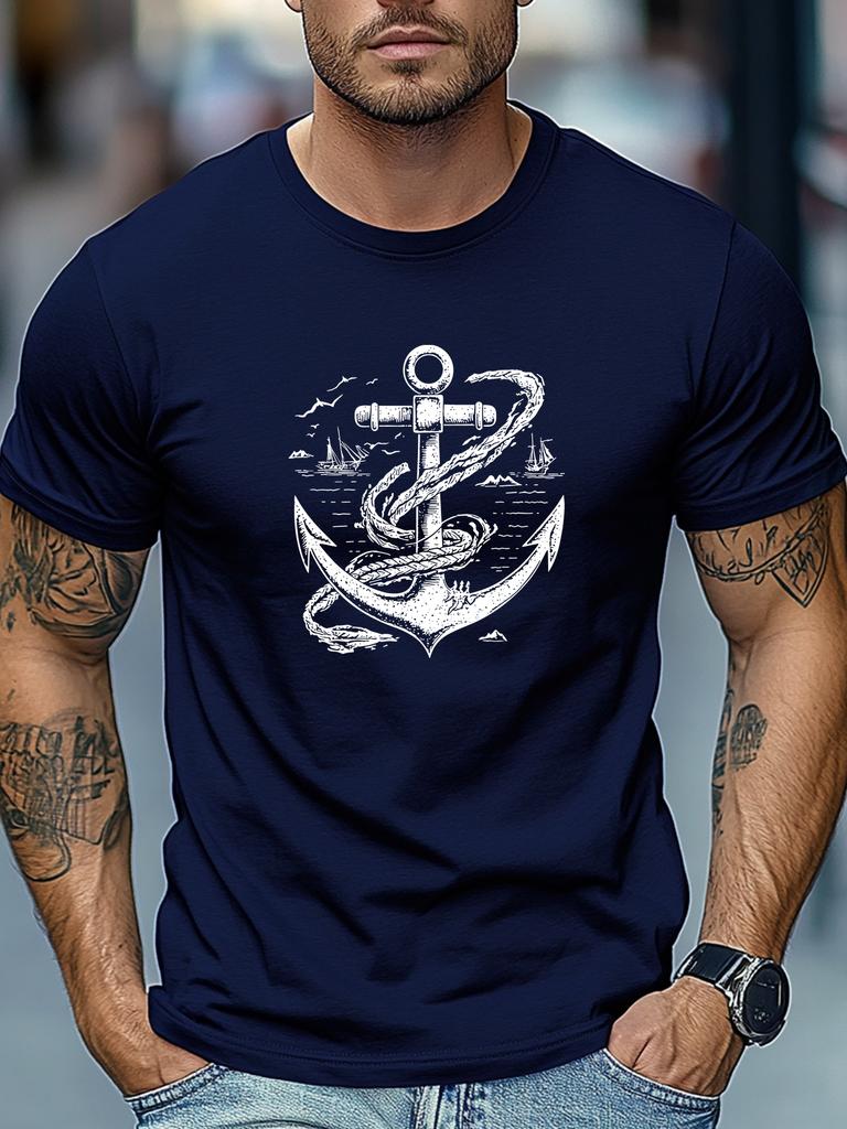 Unisex Retro Anchor Sailboat Sea Ocean Pattern Print Crew Neck Short Sleeve Oversized Loose Casual Summer Streetwear Basic Soft Tee