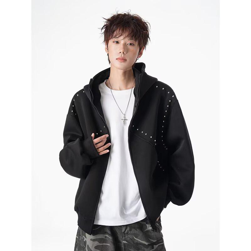 Men's Retro Rivet Hooded Cardigan: Trendy Autumn/Winter Streetwear Zipper Jacket with Plus Velvet