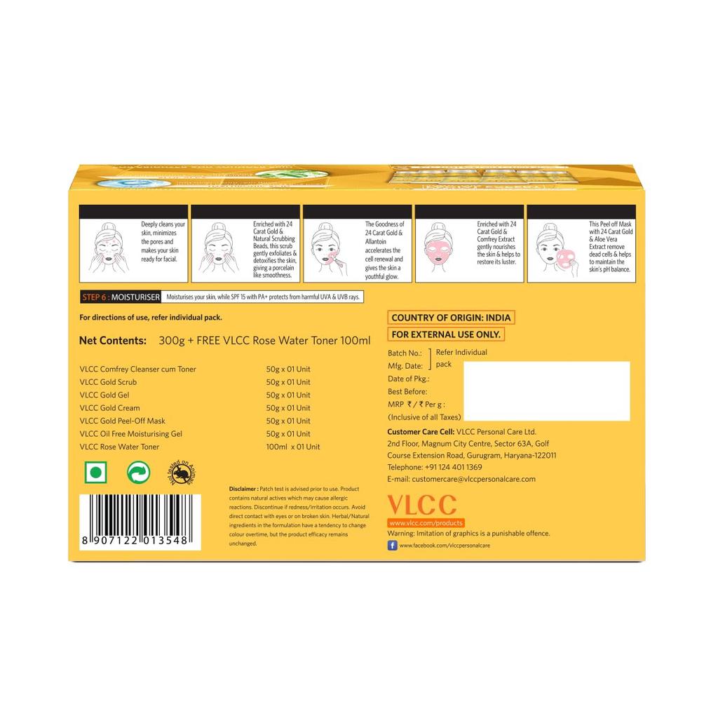 VLCC Gold Facial Kit with 24K Colloidal Gold & Aloe Vera 300g + 100ml FREE Rose Water Toner At Home Spa Glow Kit