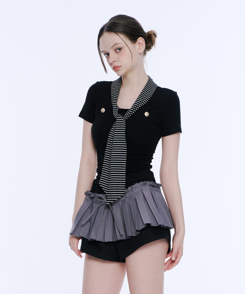 Akeumeseodeu Scarf Detail Button Tee (Black)