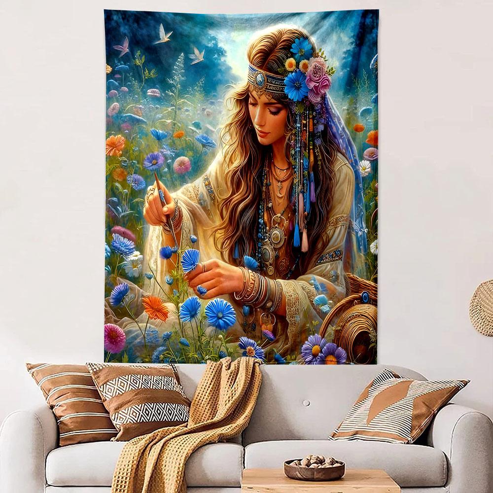 "Boho Goddess in a Flower Meadow" Patterned Tapestry Decorative Wall Hanging, Home Bedroom Living Room Decor