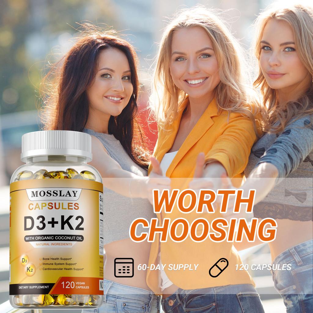 Natural Vitamin D3+K2 Capsules, Containing Organic Coconut Oil, Beneficial for Bone and Teeth Health.