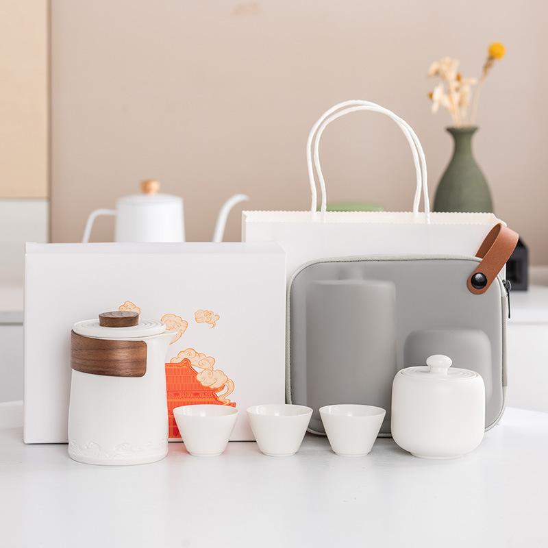 High-grade Suet Jade Porcelain Travel Tea Set, Outdoor Portable Set, Light Luxury Guochao, a Pot of 36 Teacups, Business Gifts
