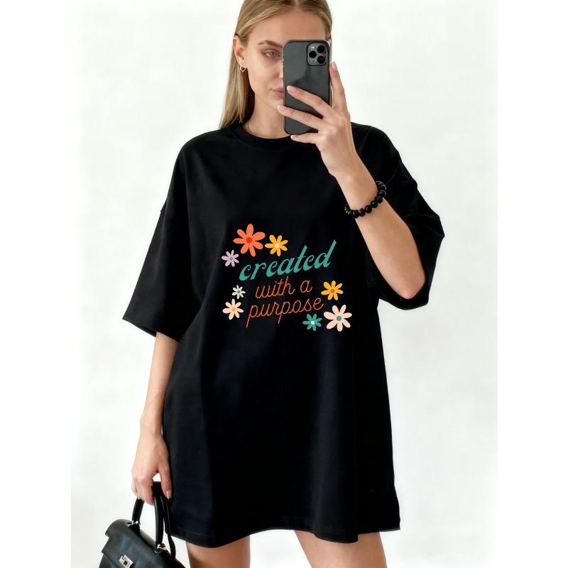 Oversized T Shirt Black Created With A Purpose Floral Print And Text Casual Wear For Women