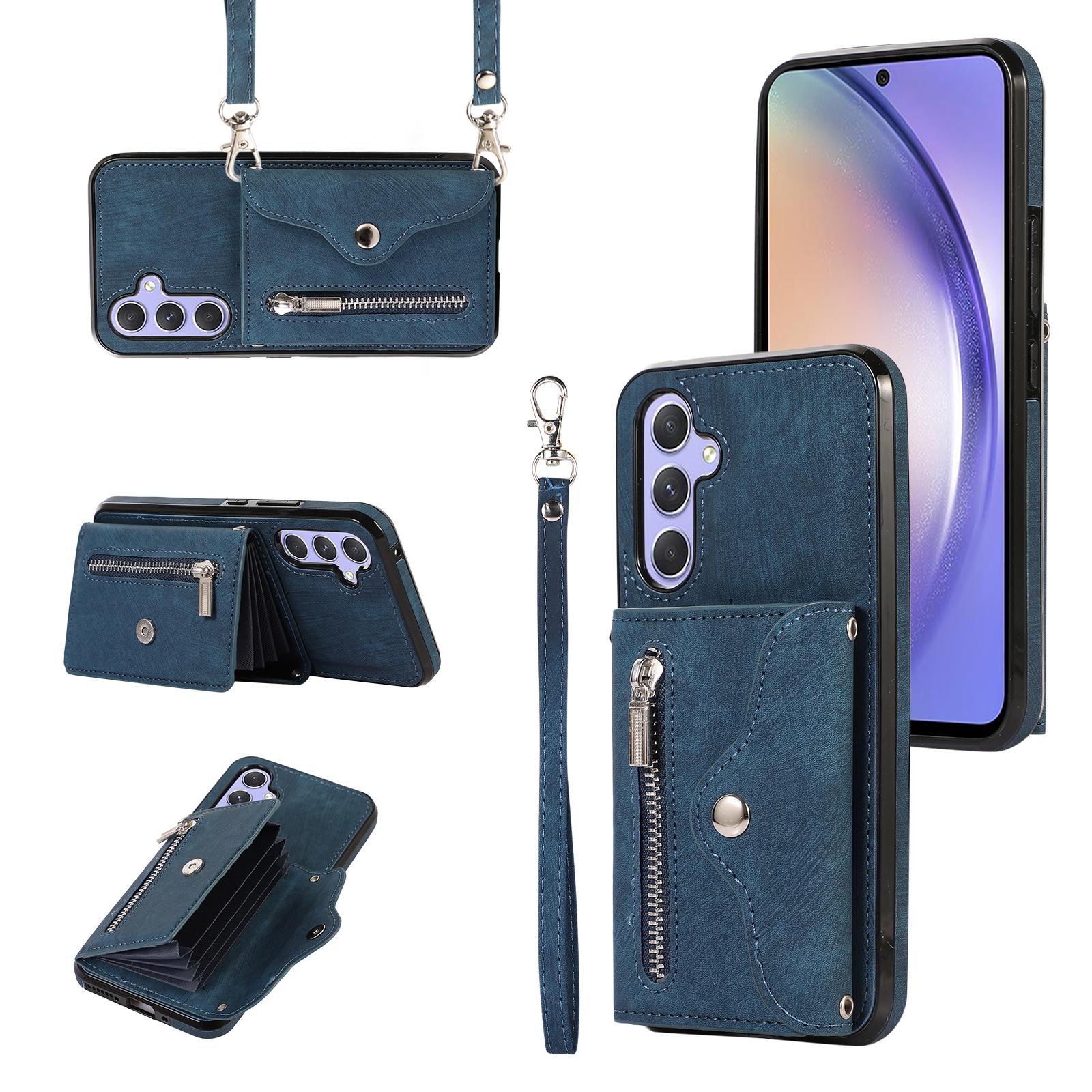

For Samsung Galaxy A15 4G/5G Case PU Leather+TPU RFID Blocking Card Slots Phone Cover with 2 Straps Blue