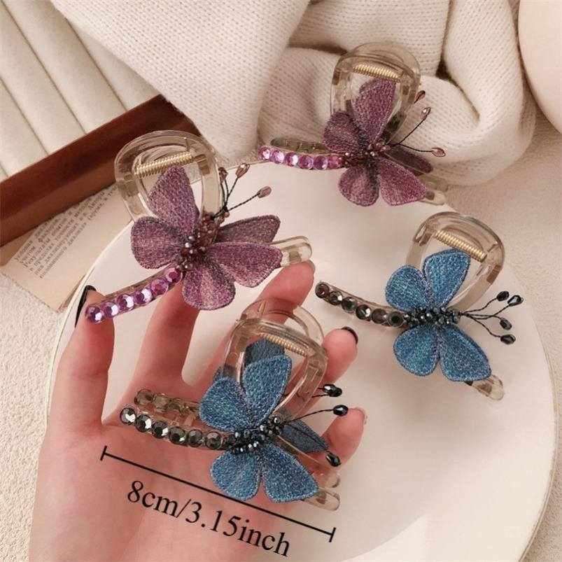 1PC Elegant Fringed Grab Clip, Temperament Hair Accessories, Butterfly-shaped Imitation Rhinestone Half-tie Grab Clip