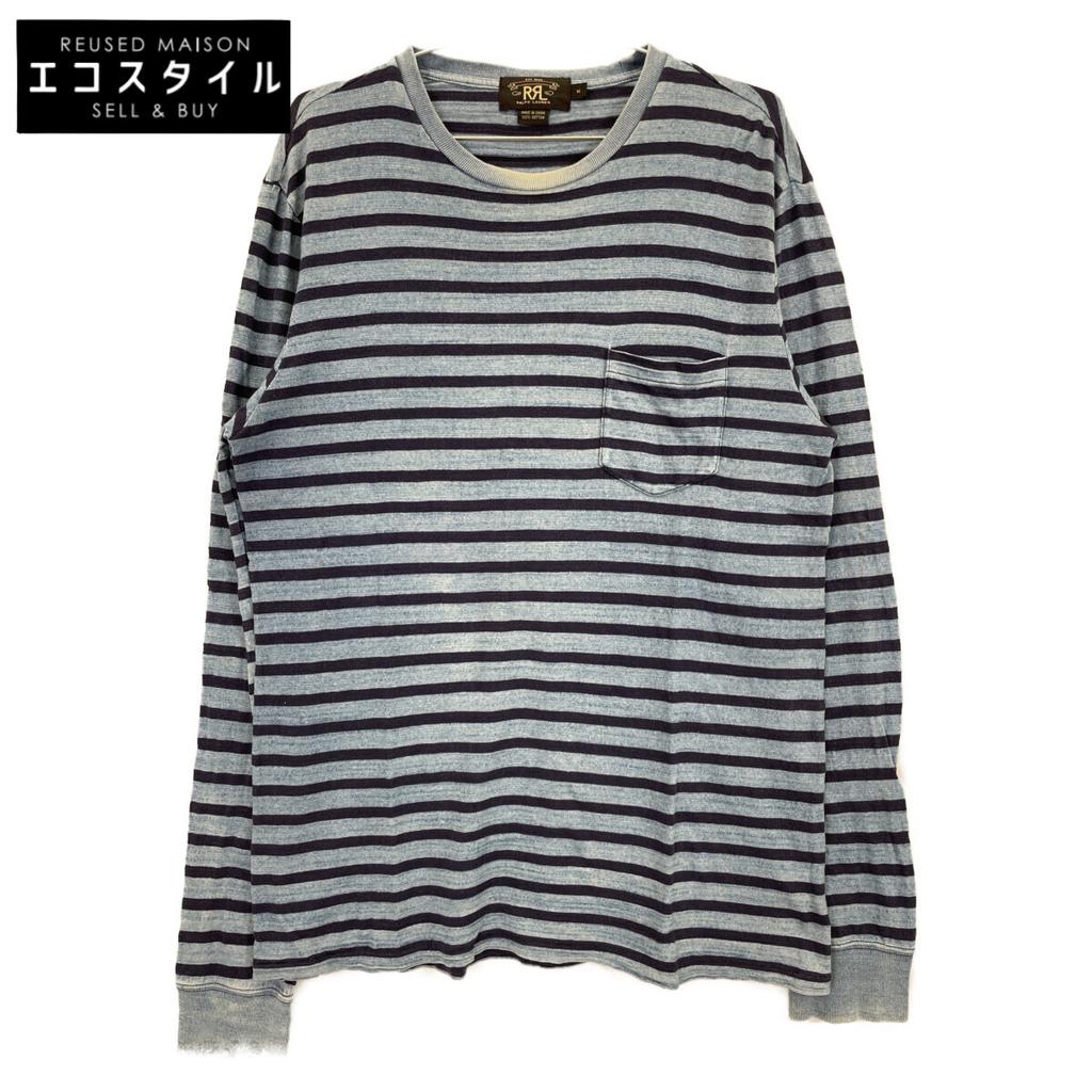 RRL Indigo X Blue Border Cotton Long Sleeve T-Shirt Tops M Indigo X blueUsed