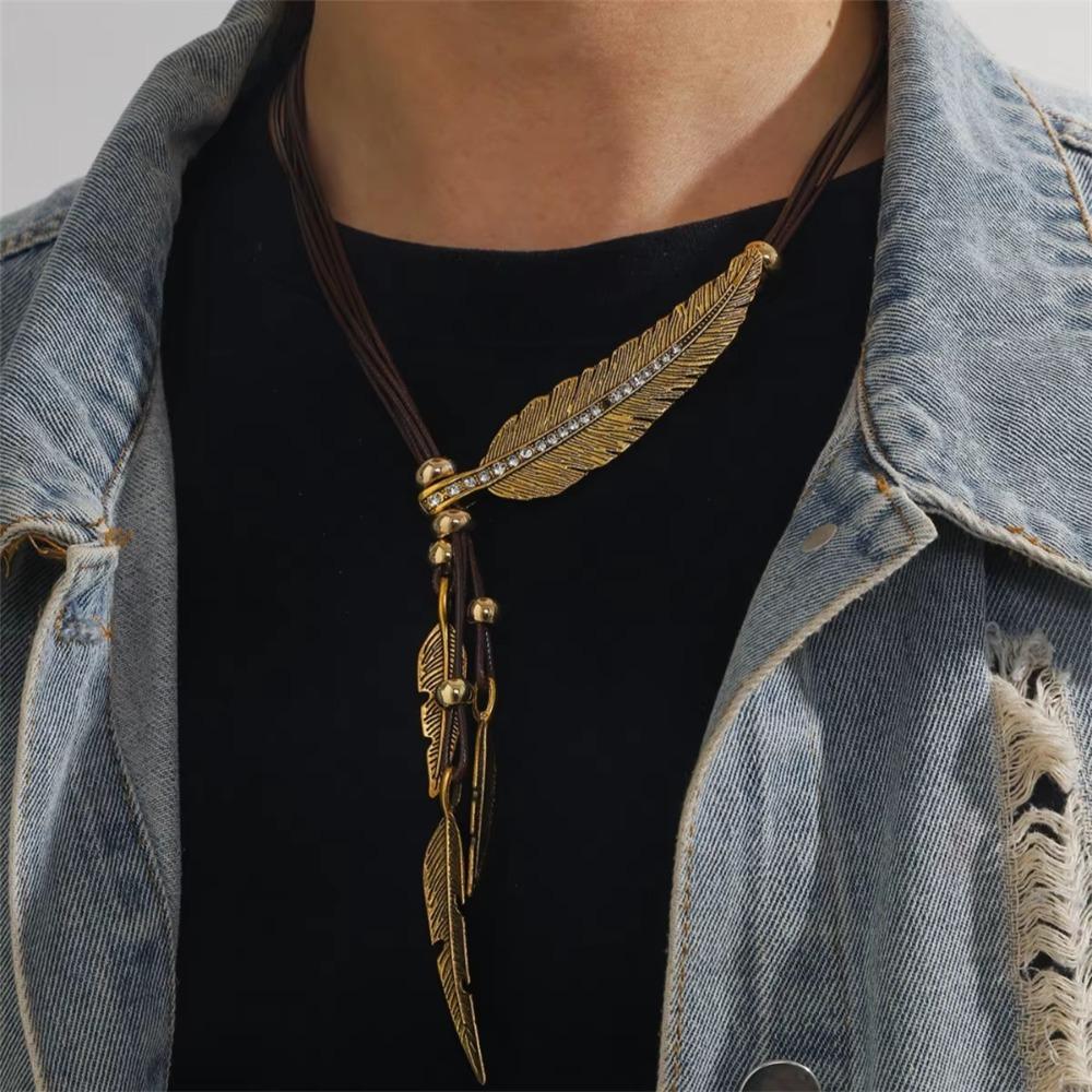 Silver Leather Rope Tassel Necklace Zinc Zinc Alloy Leaves Neck Pendant Golden Feather Necklace Women