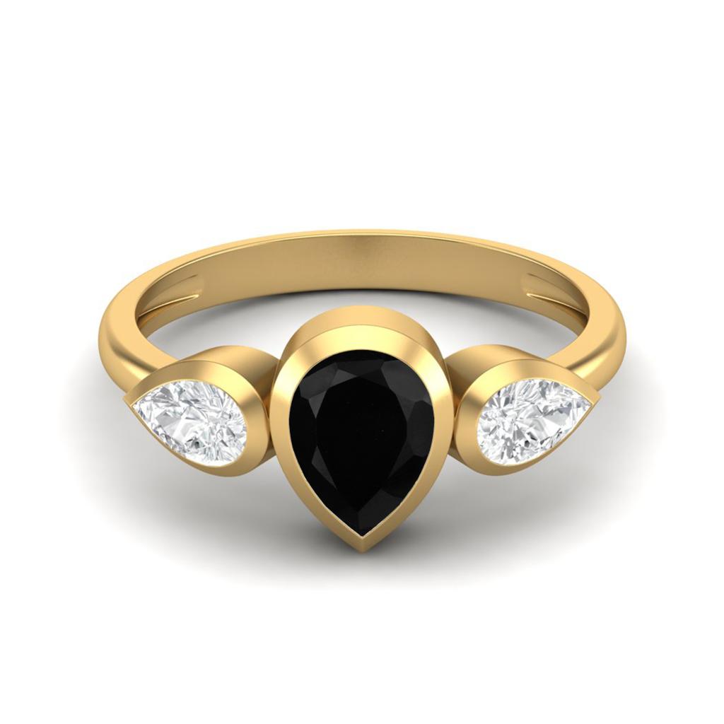 Pear Shape Black Spinel Gemstone Gold Plated 925 Sterling Silver Ring