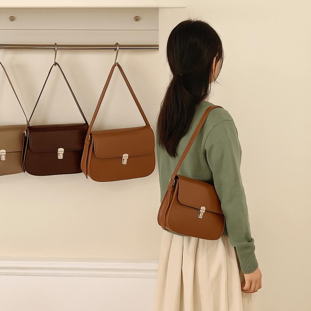 Solid Color Buckle Shoulder Bag Vintage Women's Armpit Bag Portable Retro Underarn Bag  Female
