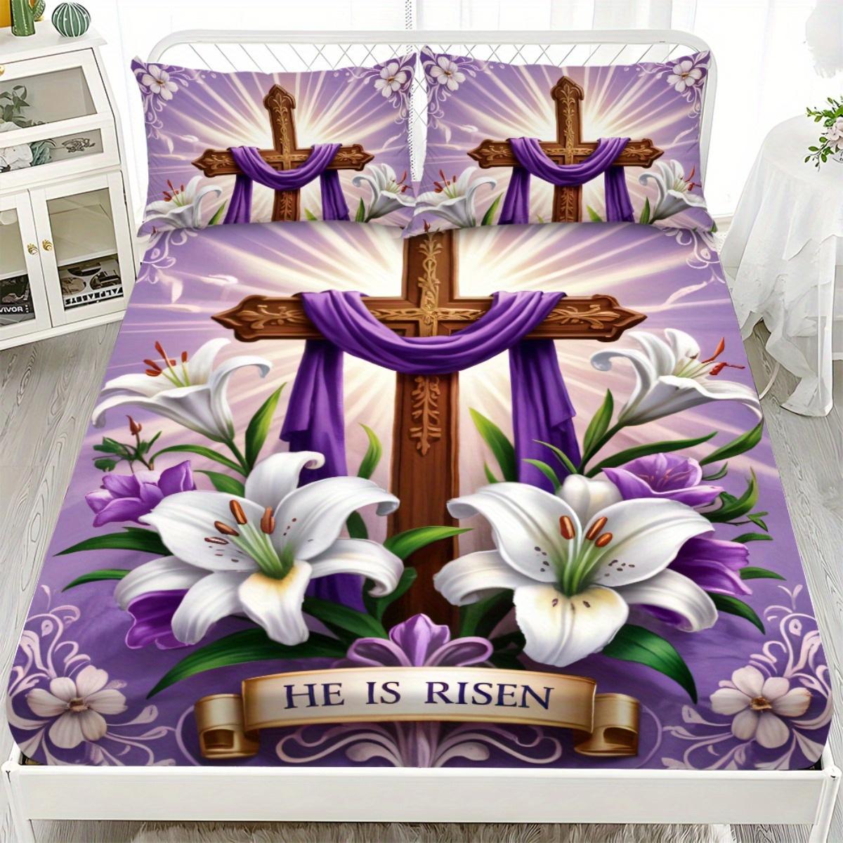 

3pcs Fitted Sheet Set - 1*Fitted Sheet with Holy Cross Pattern + 2*Cushion Covers No Core Fashionable Soft Comfort Bedding EU Twin(135x200cm)