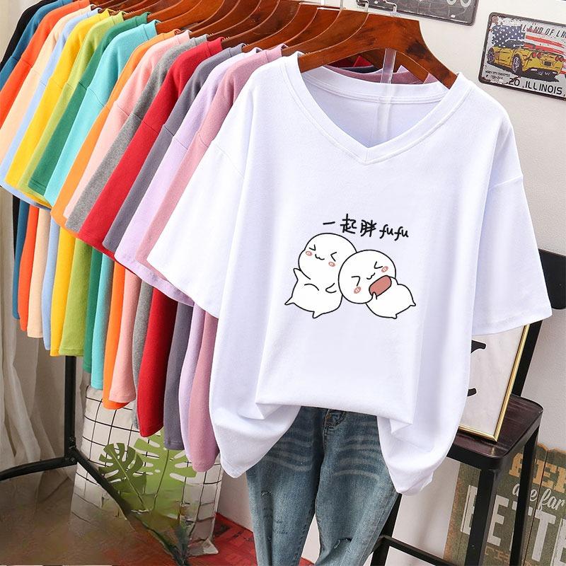 Camiseta de manga curta, Solta, Top V-neck Estampado Emagrecedor para Mulheres